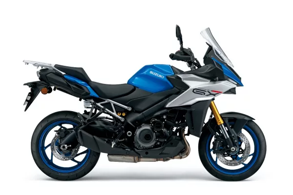 Vista lateral de la Suzuki GSX-S1000 GX 2025 en color azul Tritón
